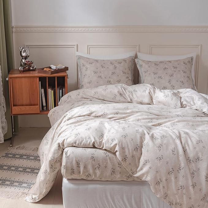 HighBuy Boho Floral Comforter Set Queen Beige Bedding Comforter Sets Queen Boho 3 Piece for Women Girl Cottagecore Flower Comforter Set with 2 Pillowcases,Cozy Bed Comforter Sets
