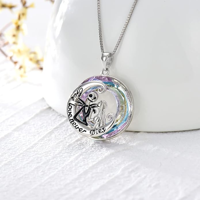 LILALO Christmas Gifts Nightmare Necklace Sterling Silver Abalone Shell Crystal Jack and Sally Necklace Jack Skellington Skull Jewelry Skull Necklaces for Women