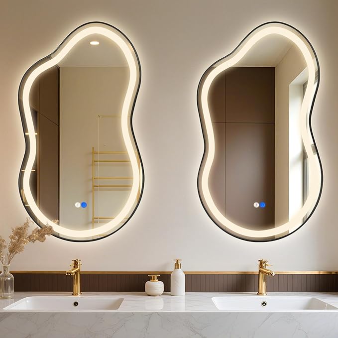 Irregular LED Bathroom Mirror with Lights, Cloud Smart Backlit Mirror, Dimmable Lighted Bathroom Mirror with Anti-Fog, Asymmetrical Vanity Mirror Hangable 2 Ways (Black, 26" x 46", 1 Pack)