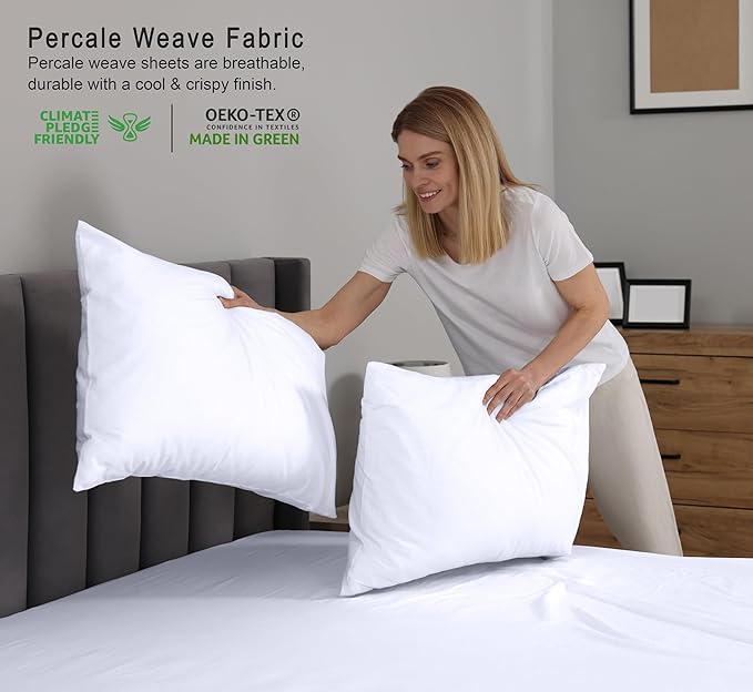 RUVANTI 100% Cotton King Size Sheets Set, 4 Pieces, Soft & Breathable Percale Weave Bedding, Deep Pocket 16", Hotel Standard, Crisp Cool Feel, Durable, Perfect Dyed Bed Sheet, Bright White