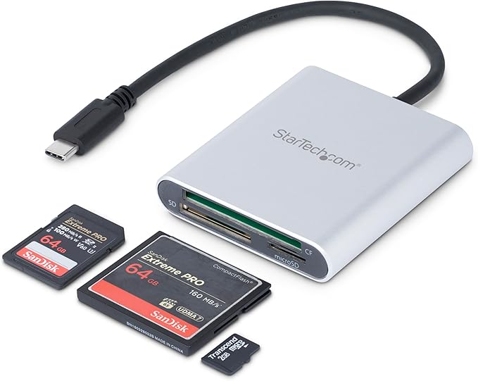 StarTech.com USB 3.0 Flash Memory Multi-Card Reader/Writer with USB-C - SD microSD and CompactFlash Card Reader w/ Integrated USB-C Cable (FCREADU3C)