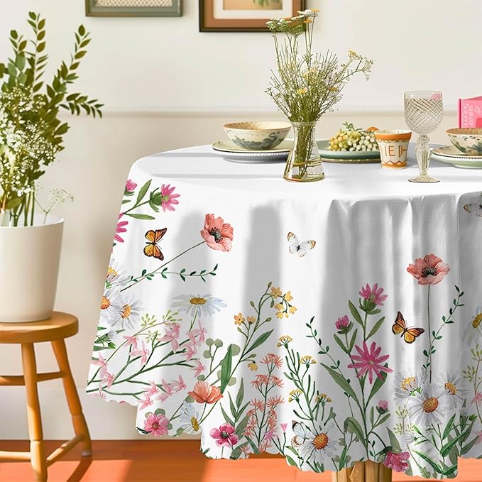 Eikione Round Tablecloth Floral Table Cloth, Colorful Tablecloths Polyester Waterproof Stain Wrinkle Free, Circle Tablecloth Indoor and Outdoor Table Cover for Home