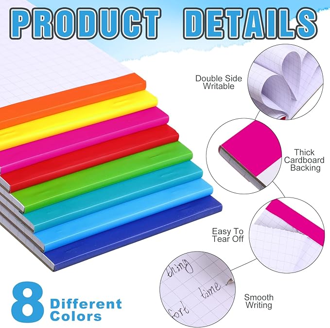 Tenceur 8 Pack Grid Paper Pad 4 x 6 Inch Graph Paper Pad, Graft Paper 30 Sheets Graph Ruled Grid Pad Notebook Notepads Memo Pads Math Grid Note Pad Scratch Pads Assorted Colors(4 Squares Per Inch)