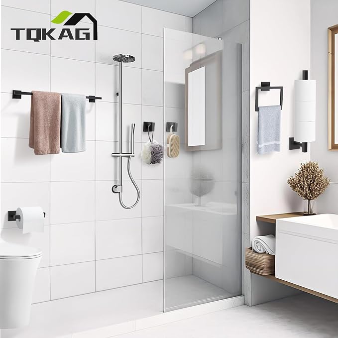TQKAG 7-Pieces Matte Black Bathroom Hardware Accessories Set 23.6" SUS304 Stainless Steel Towel Bar Set Toilet Paper Spare Rolls Storage Holder Wall Mounted