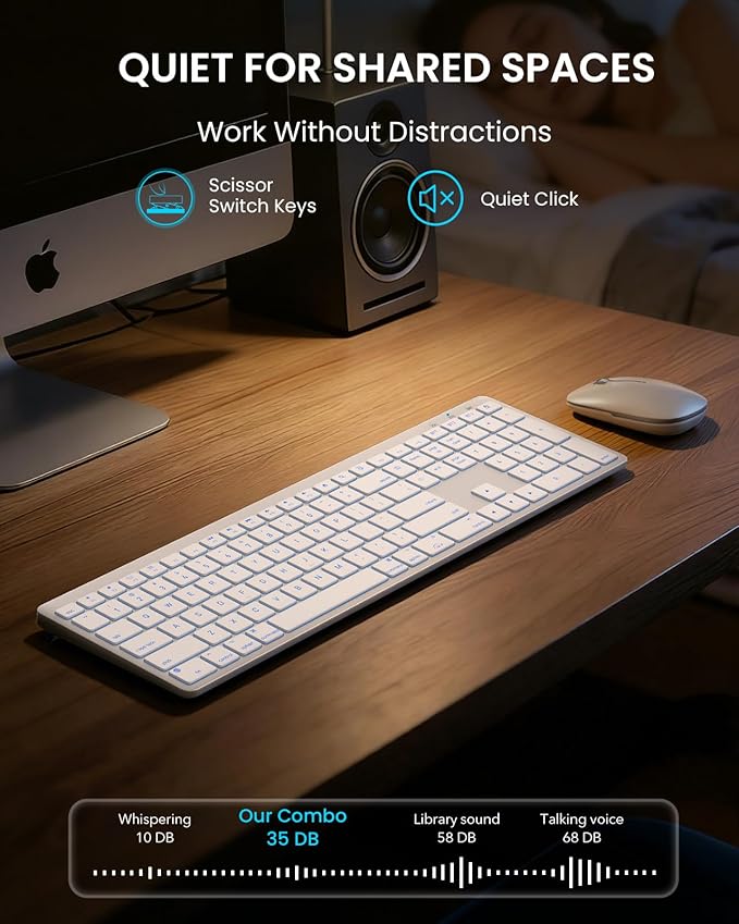 SABLUTE Bluetooth Keyboard and Mouse for Mac — 7-Color Backlit, Multi-Device, Rechargeable, Full-Size Wireless Keyboard Mouse Combo with Quiet Scissor-Switch Keys & Tilt Legs for Mac (Silver White)