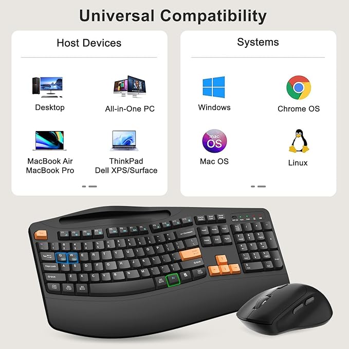 Wireless Keyboard and Mouse Combo, 2.4G Full Size Wave Keys Ergonomic Keyboard with Wrist Rest, Phone Holder, 3-Level DPI Wireless Silent Mouse with 6-Buttons, for Windows/Mac OS/Laptop(Orange Black)