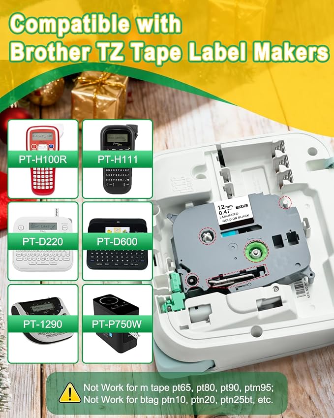 5PK 12mm TZ Tape Gold/Black/Red/Blue/Green Replacement for Brother P Touch Label Maker Refill TZe TZ 12mm 0.47 Laminated Colored Tape for Ptouch PT-D210 PT-H110 PT-P300BT PT-D400