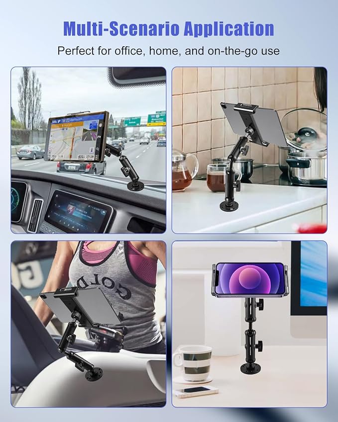 THXCHER Industrial Aluminum Tablet Mount with Dual Link Arm, Heavy Duty 360° Adjustable Holder for 6-13" Devices, Multi-Hole Base for Truck Boat Wall Desk Installation