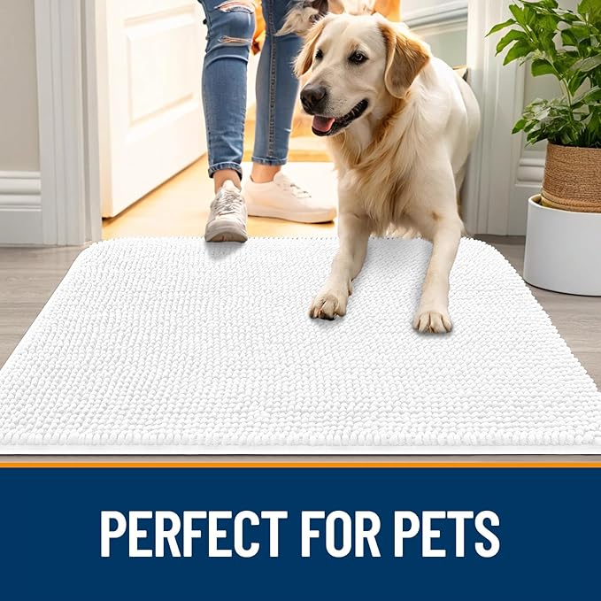 OLANLY Dog Door Mat for Muddy Paws 47x20, Absorbs Moisture and Dirt, Absorbent Non-Slip Washable Doormat, Quick Dry Chenille Mud Mat for Dogs, Entry Indoor Entryway Carpet for Inside Floor, White
