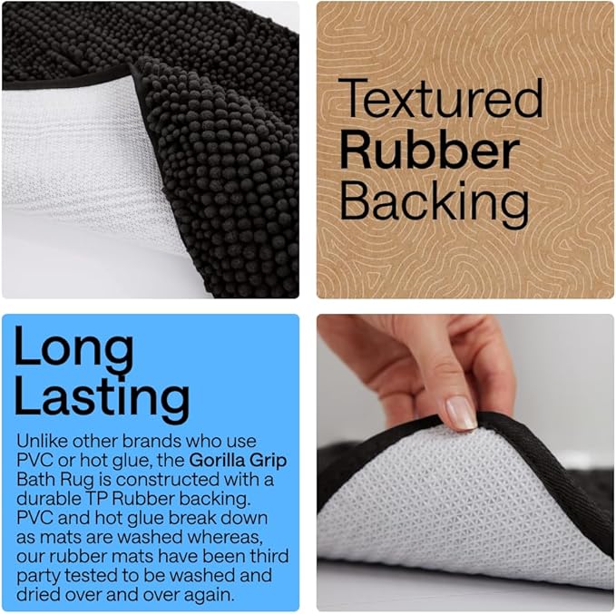 GORILLA GRIP Bath Rug Mat 70x24, Thick Soft Absorbent Chenille, Quick Dry Microfiber Mats, Rubber Backing Washable Shower Floor Rugs, Bathmat Runner, US Designed Bathroom Home Decor Accessories Black