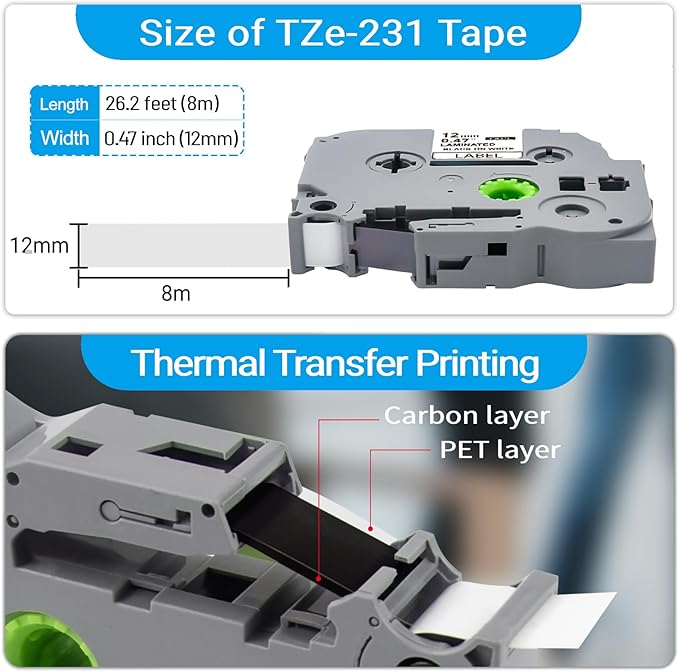 24PK Tze-231 12mm 0.47 Laminated White TZe Replacement for Brother TZ-231 TZe231 P Touch Label Tape, TZ Tape 12mm for P Touch Label Maker PTH110 PTD220 PTD400 PTD410 PTD600 PT1180