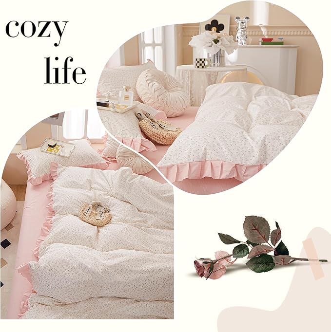 Pink Floral Duvet Cover Full 100% Cotton Ruffle Duvet Cover Girls Princess Lace Bedding Set Botanical Flower Comforter Cover with Zipper Closure Vintage Country Bedding Cottagecore Duvet Cover Set