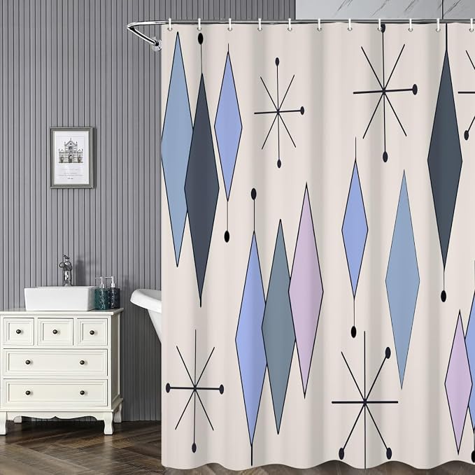 Mid Century Turquoise Shower Curtain Abstract Grey Blue Diamond Geometric Atomic Starburst Pattern Beige Backdrop for 1950s Retro Bathroom Decor Shower Curtain Set with 12 Hooks, 65x72 Inches