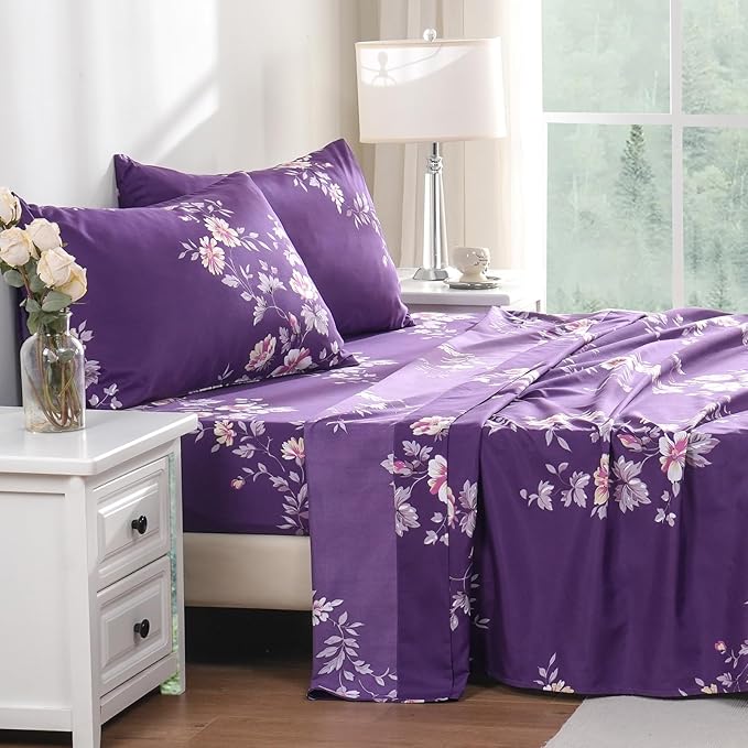 Bedlifes Full Sheet Set Ultra Soft, Breathable, Silky Flower Deep Pocket 100% Microfiber Bedding, 4 Piece Full Size Dark Purple Floral