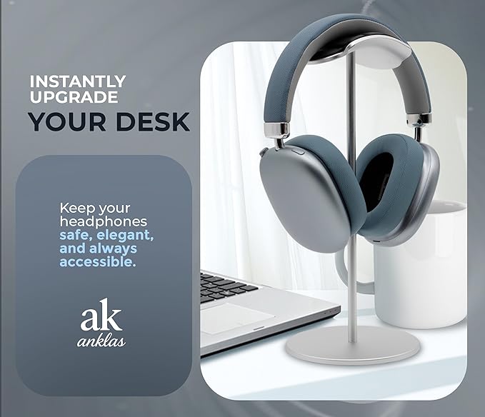 ak anklas Headphone Stand for Desk – Premium & Minimalist Headset Holder with Round or Oval Base for Gaming, Office & Home (Silver Rubber, Standard)