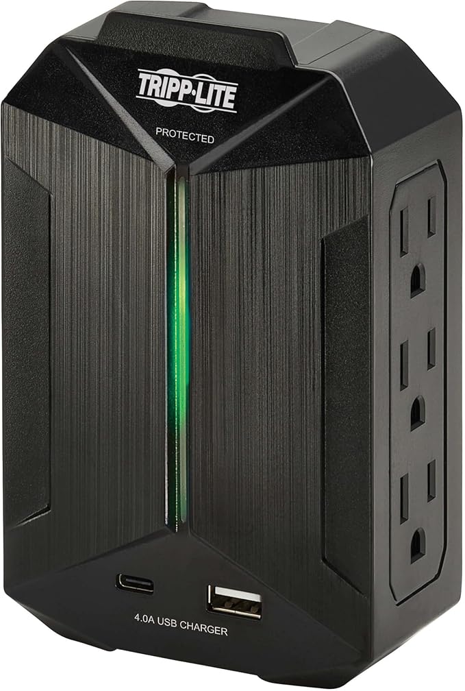 Tripp Lite Surge Protector Power Strip 6-Outlets + 1 USB & 1 USB-C Port, Direct Wall Plug-in, Black, Green LED Light, 490 Joules, EMI/RFI Filtering, 20,000 Insurance (SK62USBC)