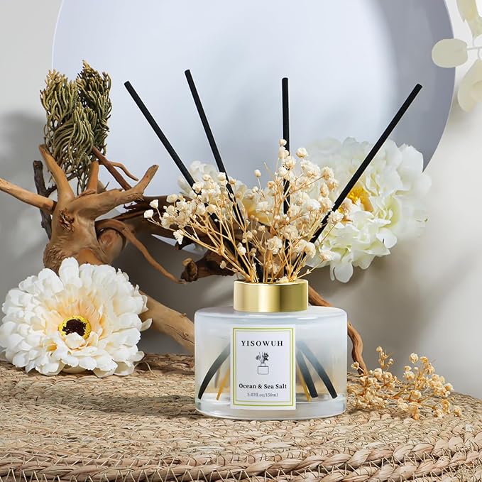 YISOWUH Reed Diffuser Set,5.07 fl oz (150 ml) - Ocean & Sea Salt Oil Diffusers with 8 Reed Sticks,Home Fragrance Reed Diffuser for Bathroom Shelf Decor