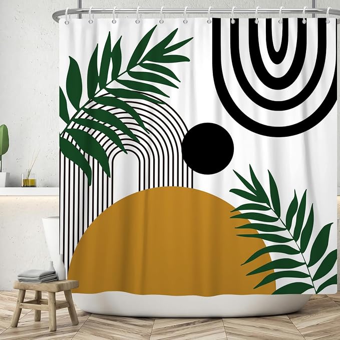 Boho Mid Century Shower Curtain Bohemian Abstract Modern Sun Bathroom Curtain Geometric Arch Curve Leaves Polyester Shower Curtain Sets for Bathroom Extra Long 69x70 in with 12 Hooks