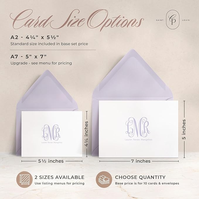 Curio Press Personalized Stationery for Women & Men-Folded Thank You Cards with Custom Notecards, Personalized Note Cards with Envelopes, Name & Initials Monogrammed, Custom Stationery -Vine Mono Fold