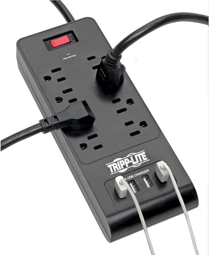 Tripp Lite Home Office Surge Protector with USB Charging, 8 Outlet Surge Protector Power Strip, 4 USB Ports, 6ft Cord, 1800 Joules, Black (TLP864USBB)