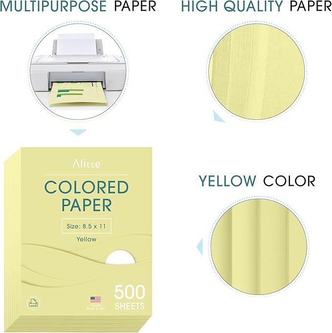 Alitte Colored Paper 500-Sheets - Yellow Paper, 8.5 x 11 Colored Printer Paper, Arts & Crafts, DIY Projects - School & Office Supplies - Pastel Copy Paper, 1 Ream, Made in the USA