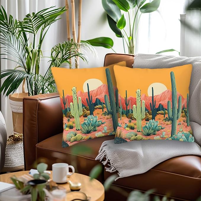 Cactus Throw Pillow Cover 18x18 Set of 2, Cushion Case for Couch, Sofa, Bed and Living Room, Zipper Closure Pillow Cases, Desert Home Decor for All Season