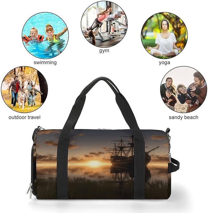 Ship in The Lake Sunset Gym Bag Lightweight ，Travel Duffle Bag with Shoe Compartment，Gym Bag for Women for Overnight, Weekend, Yoga, Gym, Business Trips, Sport And Hospital.