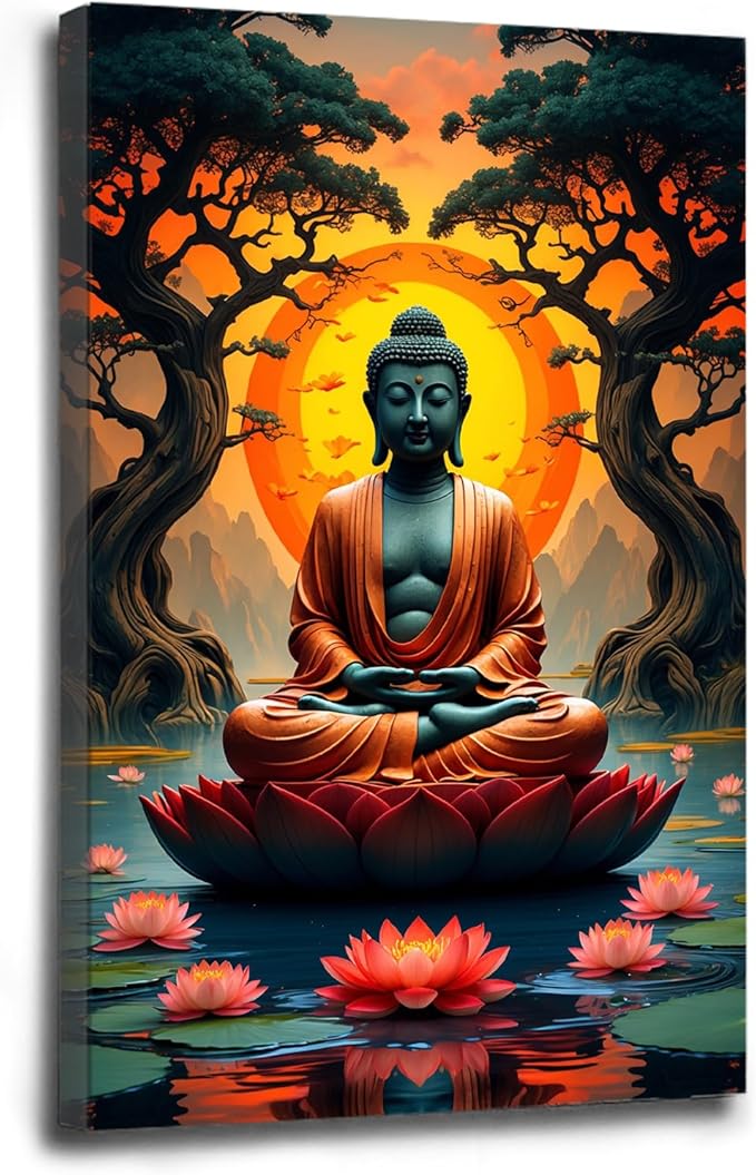 Canvas wall art Golden Buddha on lotus at sunset Ancient trees with reflections on water Serene meditation scene Uplifting wall art for mindfulness and tranquil home decor 20x30in Wood Framed
