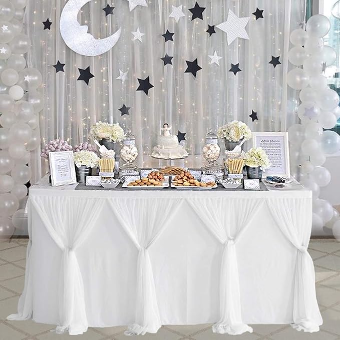 Besutolife White Tulle Table Skirt 14ft Wrinkle-Free Tutu Tablecloth for Gender Reveal, Wedding, Birthday, Reception, Banquet, Photo Booth, Party Table Decorations