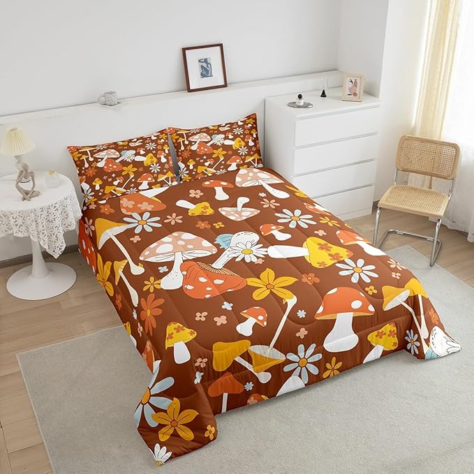 Castle Fairy 60s 70s Retro Hippie Queen Size Comforter Set,Groovy Flowers Mushroom Print Bedding Set with 2 Pillowcases,Boho Art Breathable Durable Polyester Bedding Set