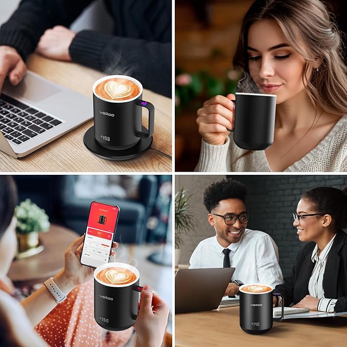 Vsitoo S3 12oz Heated Mug - Temperature Control Smart Mug with Mug Warmer, Perfect for Espresso, Auto-Sensing AI Heats Drinks to 120-150°F Hands-Free.Ideal for Home/Office/Gifts，White