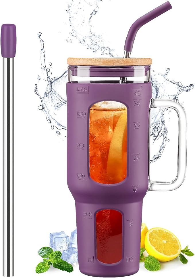 Glass Tumbler with Lid and Straw, 46 oz Iced Coffee Cup with Handle, Glass Water Bottles with Silicone Sleeve, BPA Free-Dark Purple