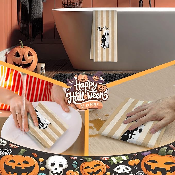 Halloween Black Cat Kitchen Towels, Cat Lover Mom Lady Gifts Dish Tea Towels for Kitchen Decor, Orange Striped Halloween Ghost Decorative Hand Towel for Bathroom, 16x24 Inches