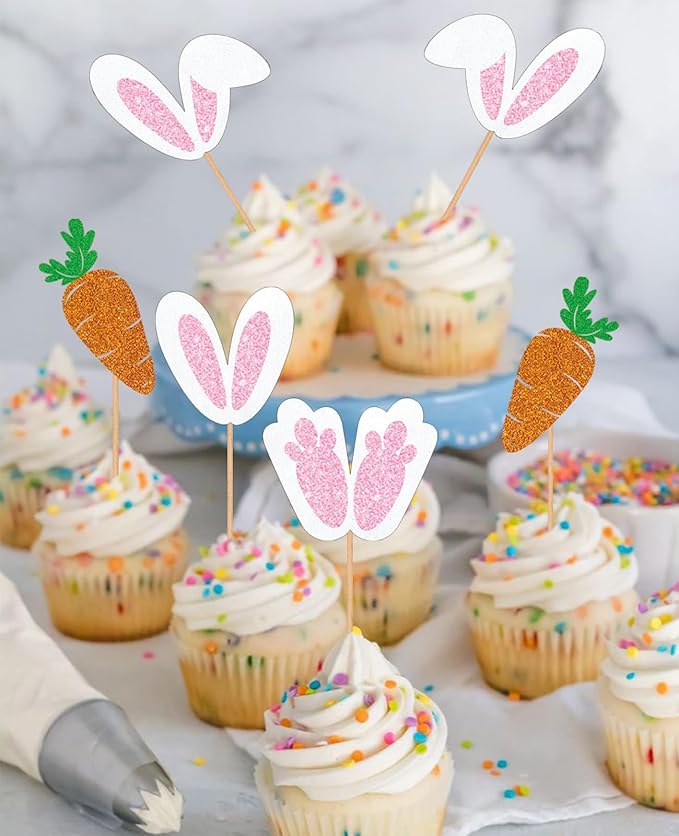 24pcs Easter Bunny Ear Cupcake Toppers, Glitter Rabbit Ears Cupcake Picks, EaSter Day Cake Toppers for Easter Theme Spring Birthday Baby Shower Party Decorations