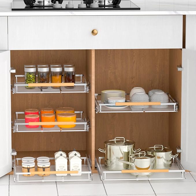 KIKIBRO Pull Out Drawer Cabinet Organizer, Expandable Slide Out Storage Shelves - Heavy Duty, Durable and Smooth Slide-Out, 16.3"~26.3" Wide x 17.3" Deep, 1 Pack