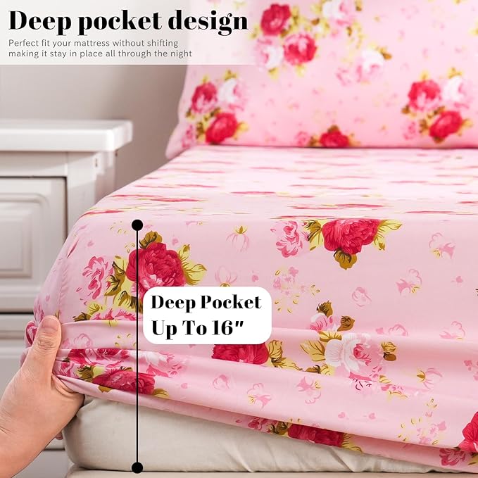 Bedlifes Twin Sheet Set Ultra Soft, Breathable, Silky Flower Deep Pocket 100% Microfiber Bedding, 3 Piece Twin Size Pink Floral(Red Rose)