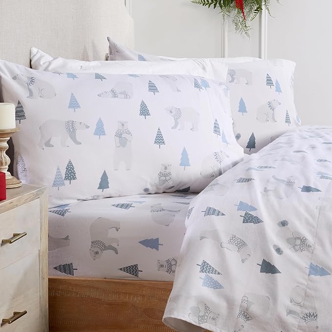 Market & Place 100% Turkish Cotton Flannel Sheet Set | 3 Piece Deep Pocket Novelty Cozy Winter Bed Sheets | Double Brushed for Extra Softness & Comfort | Alpine Collection (Twin, Polar Bears)