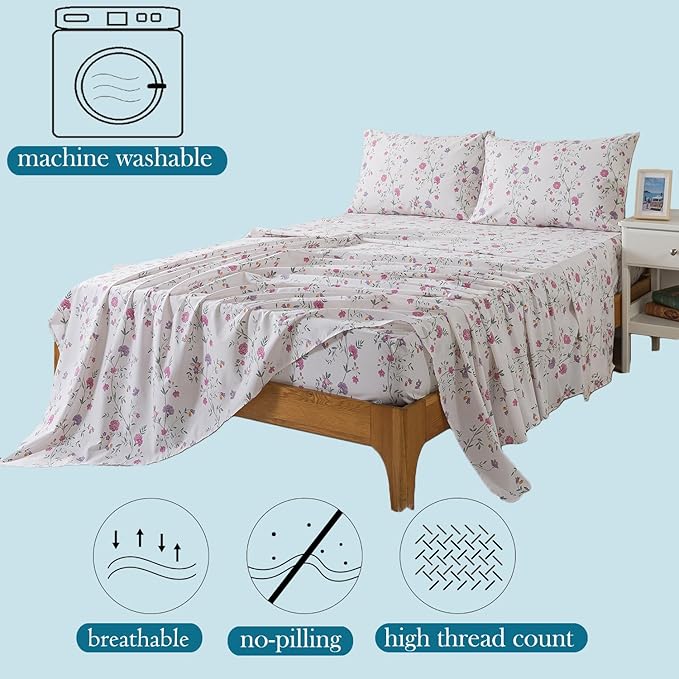 Zusbest- Queen Sheets, Soft 100% Cotton Pink & Off White Floral Bed Sheets,Shabby Vintage Chic Purple Flower Printed Sheets,Breathable Home Decor, Garden Style 4 Piece Deep Pocket Sheets（Rosy）