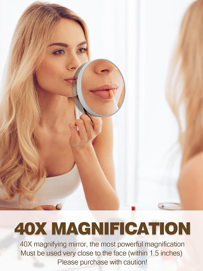 40X Magnifying Mirror with 2 Suction Cups, 3.5 inches Magnified Makeup Mirror and Slant Tweezers,Grey,1PC