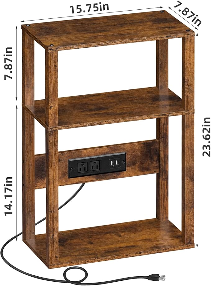 3-Tier Small Narrow Wood Side Table with Charging Station, Skinny Nightstand for Small Space, Slim Bedside Table with Storage for Couch, Thin End Table with USB Ports and Outlets, Rustic Brown