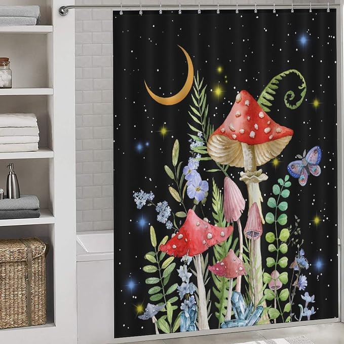 Mushroom Shower Curtain for Bathroom, Magic Gothic Fairy Forest Botanical Vintage Mushroom Wildflower Plants Herbs Farmhouse Country Waterproof Fabric Shower Curtain Set with Hooks, 72"x78" Inch