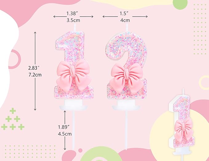 Number 12 Candle Pink Sequins and Bowtie 12th Cake Topper, 12 Birthday Candle for Girls Pastel Sweet Theme Birthday Party or Adults Milestone Age Decoration
