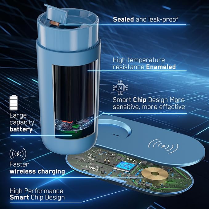 LEGARDLILIU Temperature Control Heated Coffee Mug Smart Self Heating Travel Mug 12 Oz App Controlled Warmer Mug 4-10 Hour LED Display Keep Coffee Hot Fast Wireless Charger Base Lake Blue
