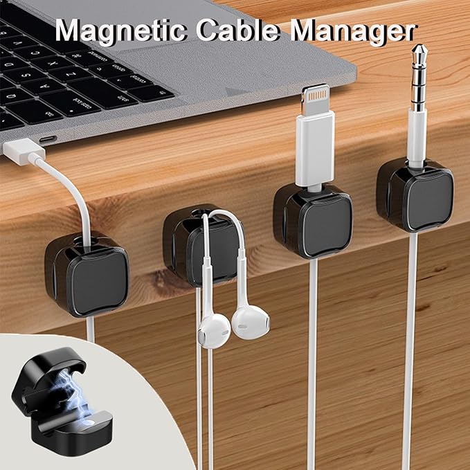 IFNOW 6 Pack Magnetic Cable Clips for Nightstand Black Self Adhesive Cord Holder Adjustable Clip for Desk, Nightstand, Phone Charger, Computer, Home, Office, Car