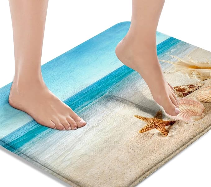 Britimes Bath Mat for Bathroom, Blue Beach Starfish Sea Washable Cover Floor Rug Carpets Floor Mat Bathroom Decorations 20x32 Inches for Kitchen Bedroom Indoor