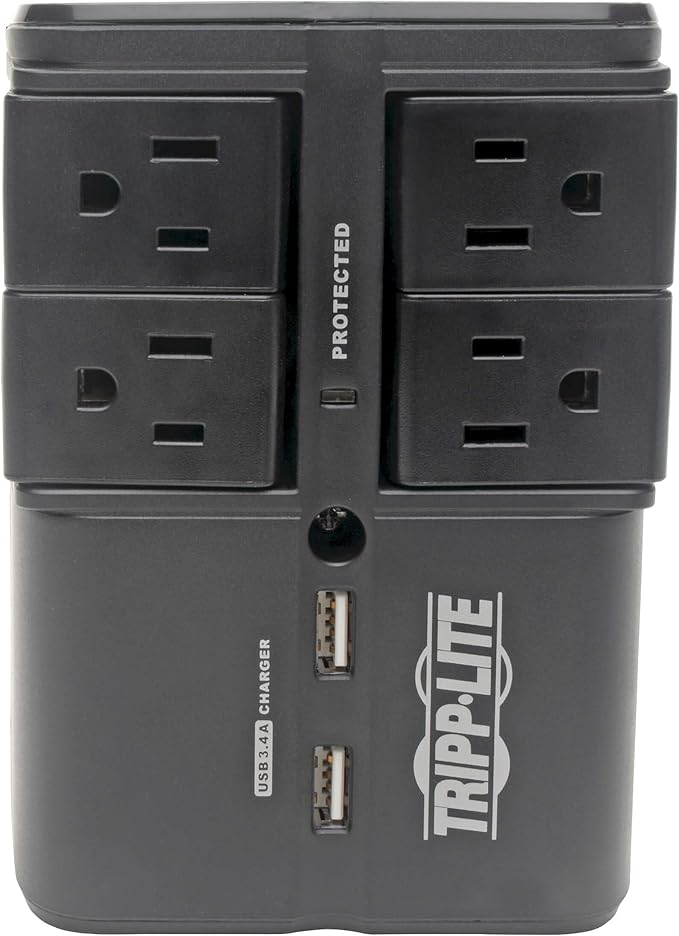 Tripp Lite 4 Rotatable Outlet Surge Protector Power Strip, Wall Tap, 2 USB Charging Ports, Black, $25,000 Insurance (SK40RUSBB)