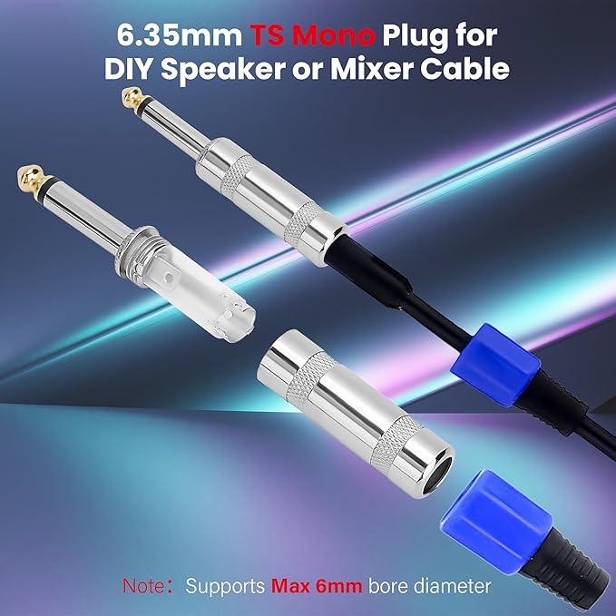 6.35mm 1/4 Inch TS Mono Plug 10 Pack, 1/4" Solder Type DIY Audio Cable Straight Adapter Connector, Metal Housing, Durable and Heavy-Duty for Guitar/Speaker/Microphone Audio Cable Repair Replacement