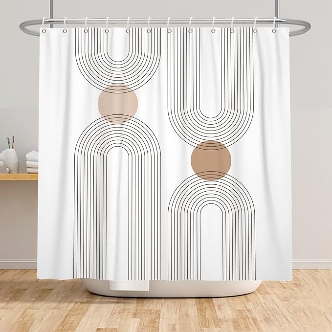 Mid Century Shower Curtain for Bathroom, Boho Sun Rainbow Modern Minimalist Geometric Shower Curtain, Abstract Arch Lines Modern Aesthetic Bathroom Decor Curtain Sets 48x72 inch