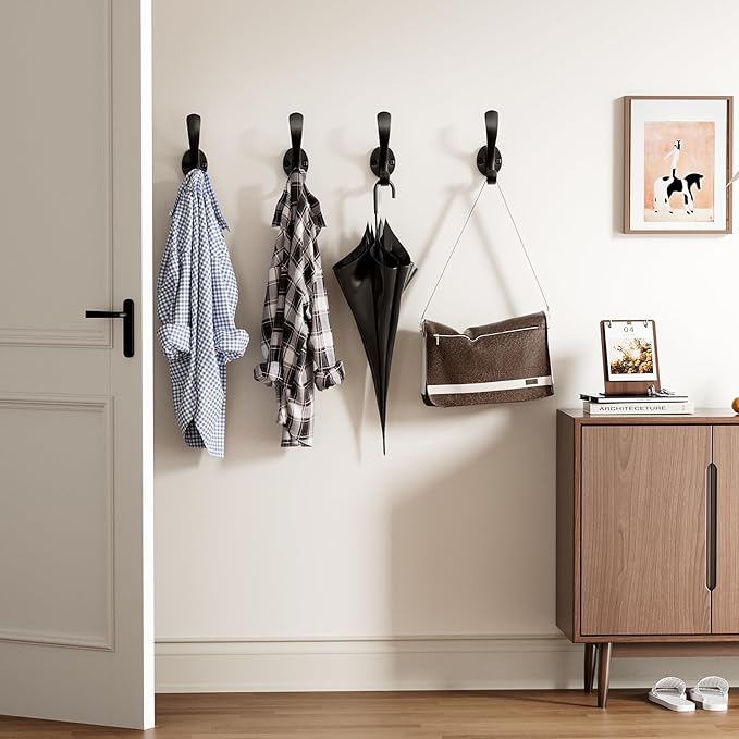 Coat Hooks Heavy Duty - Easy to Install Metal Towel Hooks Screw-in Wall Hooks for Hanging Hat, Towel, Key, Robe, Scarf, Bag, Cap (12, Black)