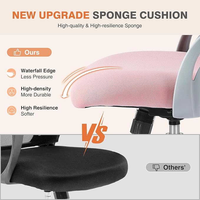 Sweetcrispy Home Office Computer Desk Chair, Ergonomic Mid-Back Mesh Rolling Work Swivel Task Chairs with Wheels, Comfortable Lumbar Support, Comfy Flip-up Arms for Bedroom, Study, Student, Pink